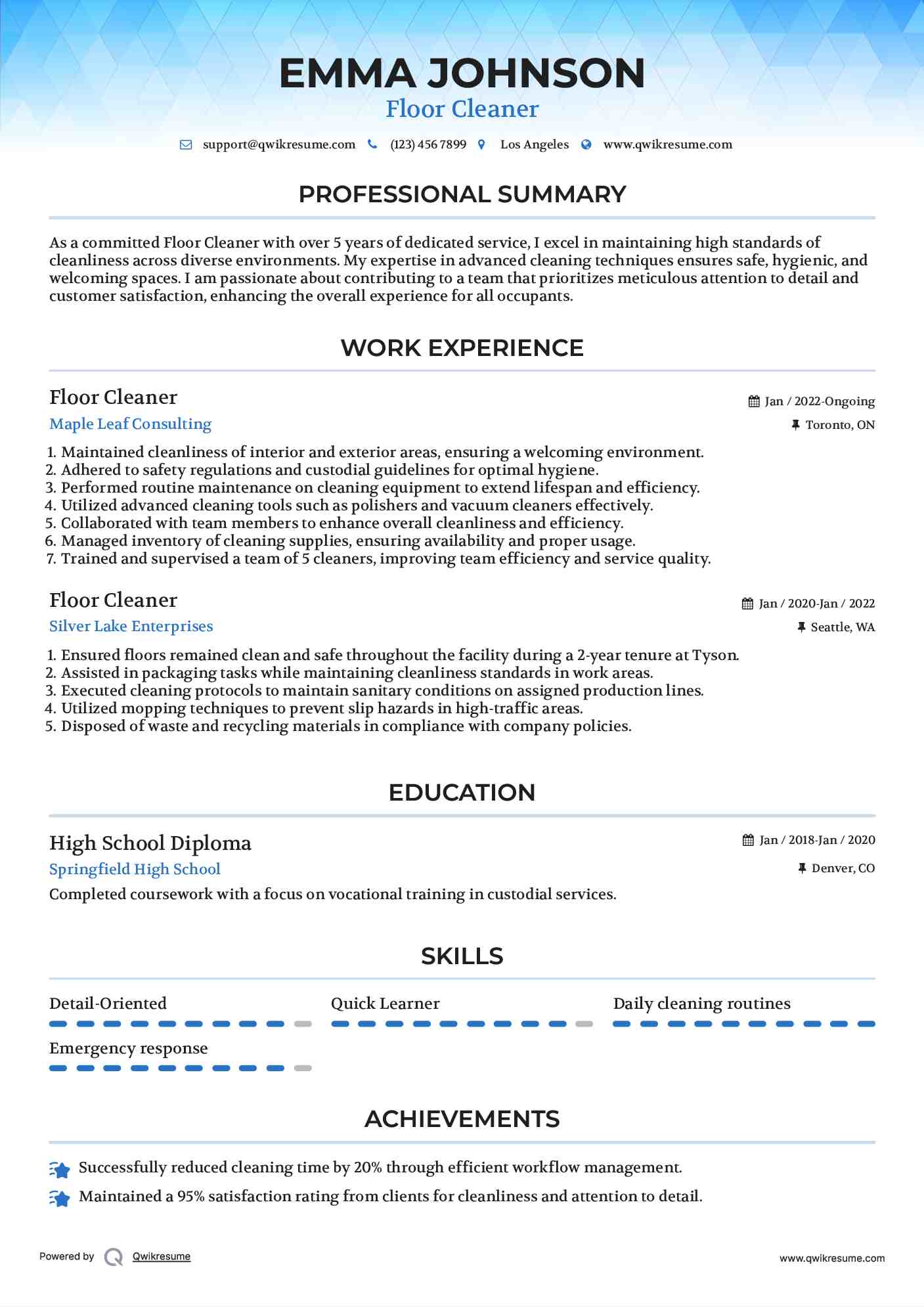 Floor Cleaner Resume Model