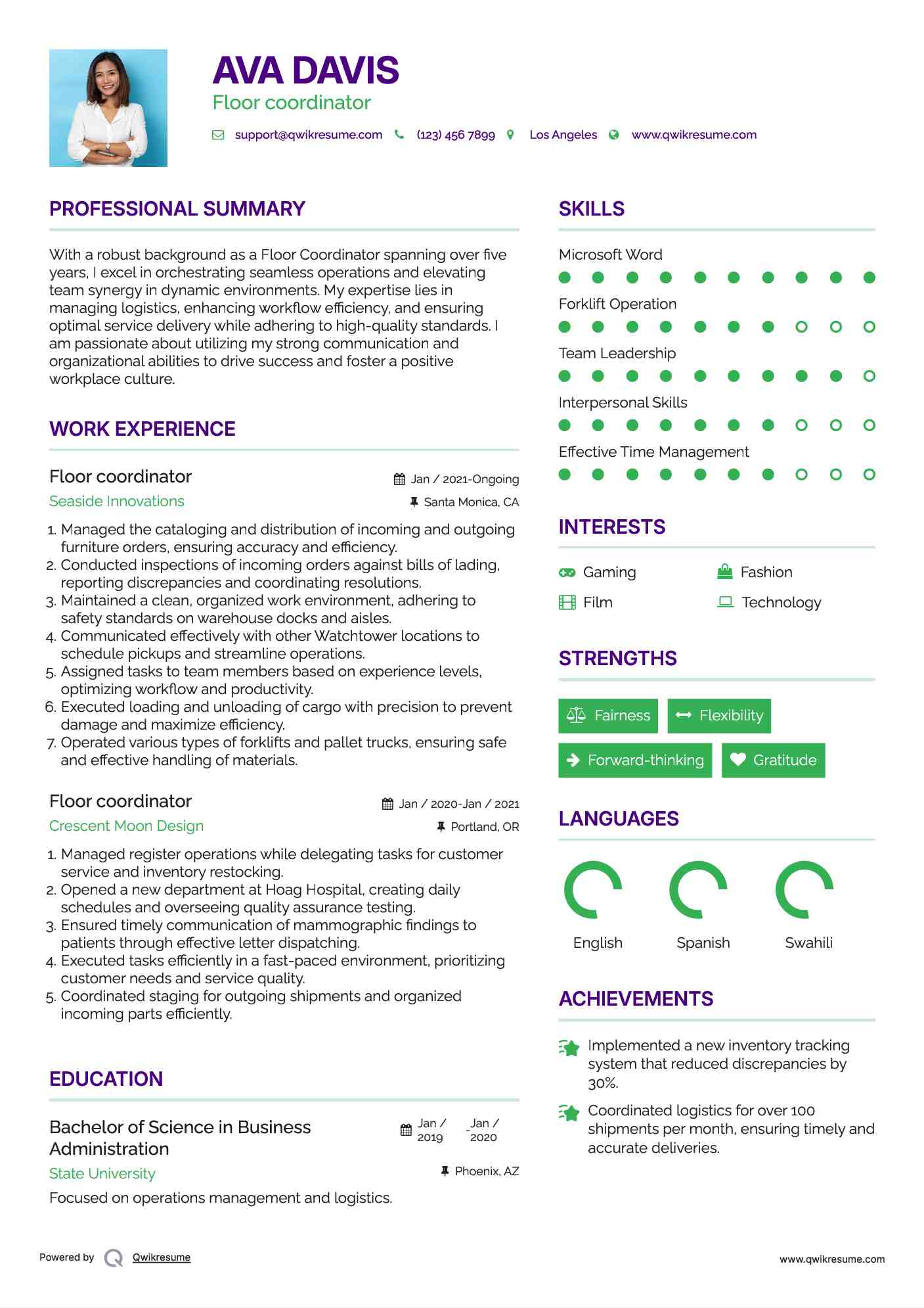 Floor coordinator Resume Template