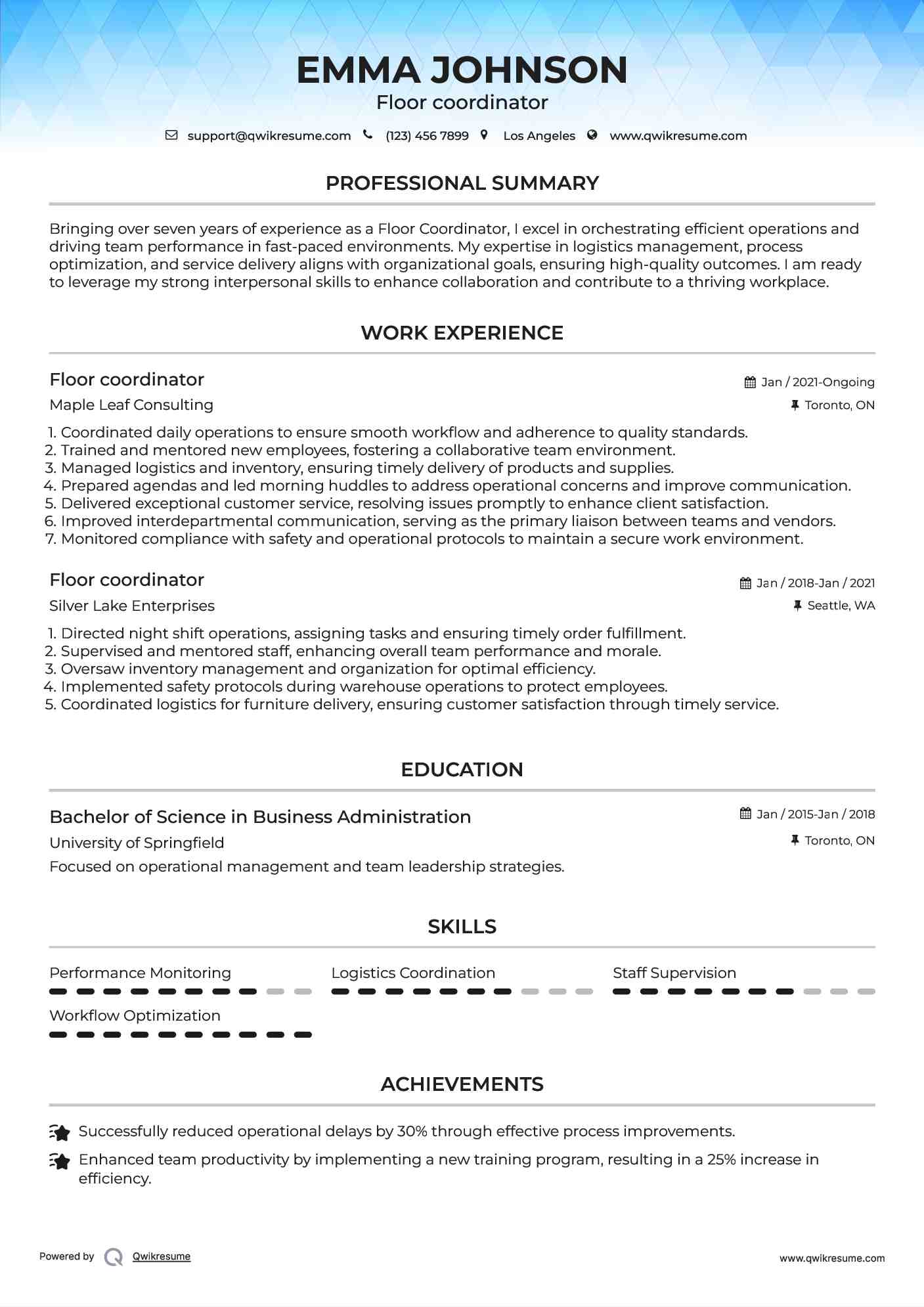 Floor coordinator Resume Example