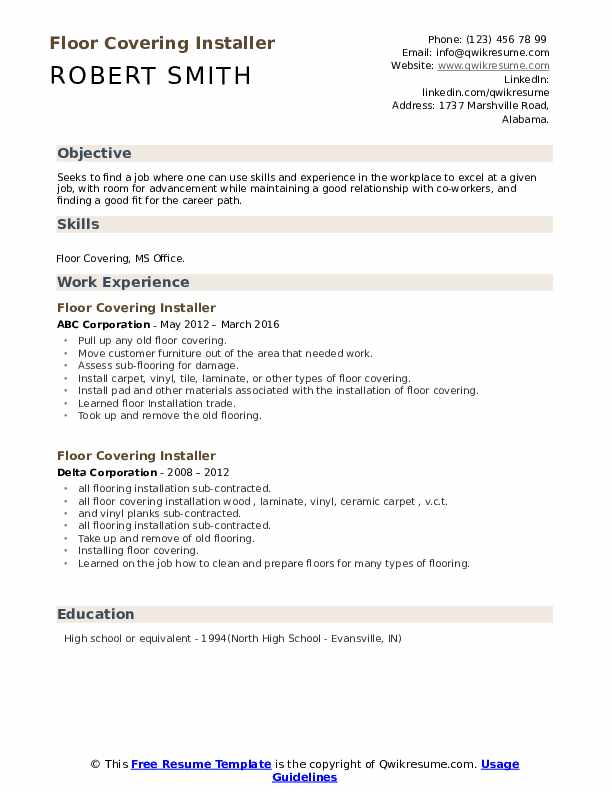 Floor Covering Installer Resume Samples QwikResume