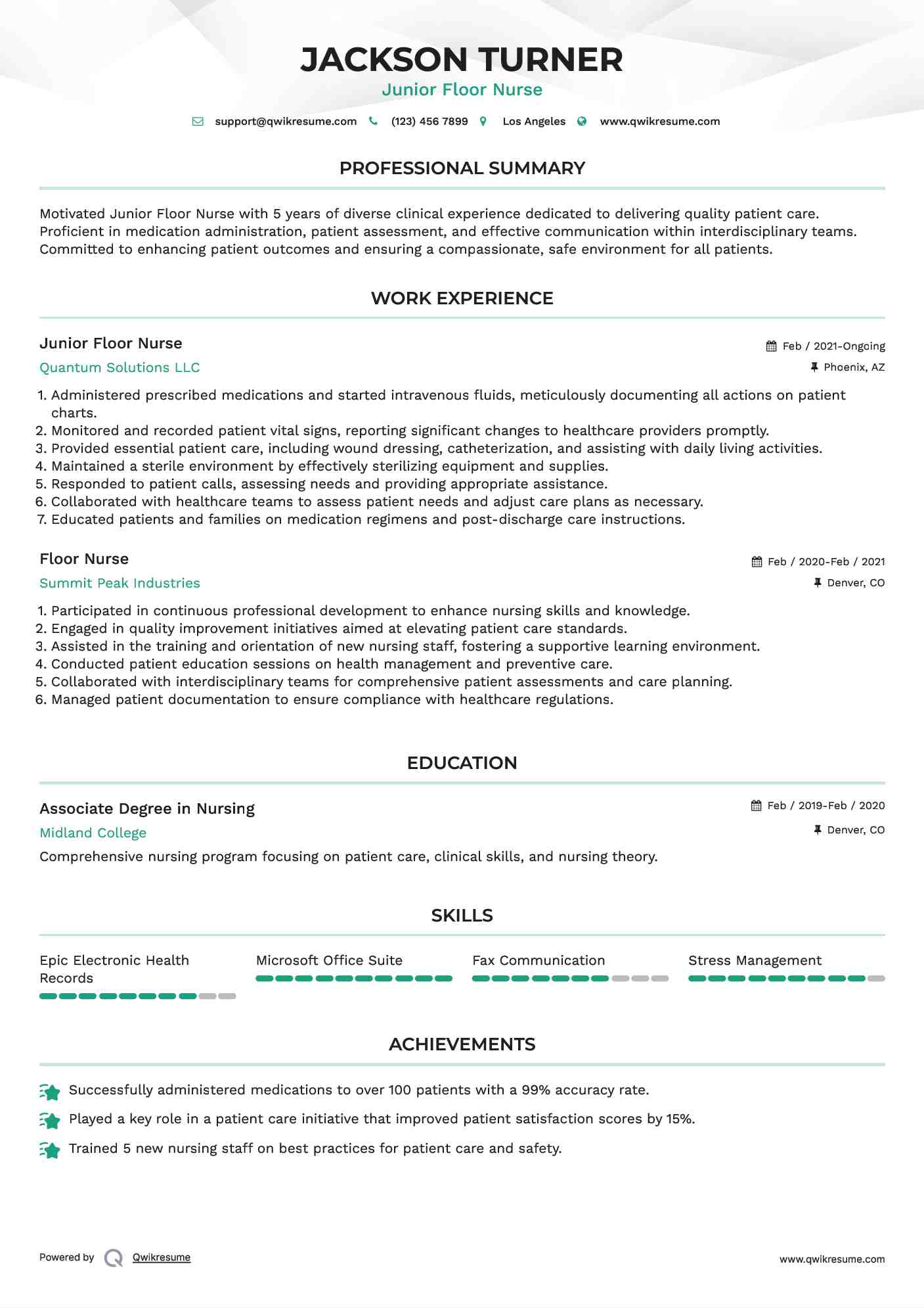 Junior Floor Nurse Resume Format