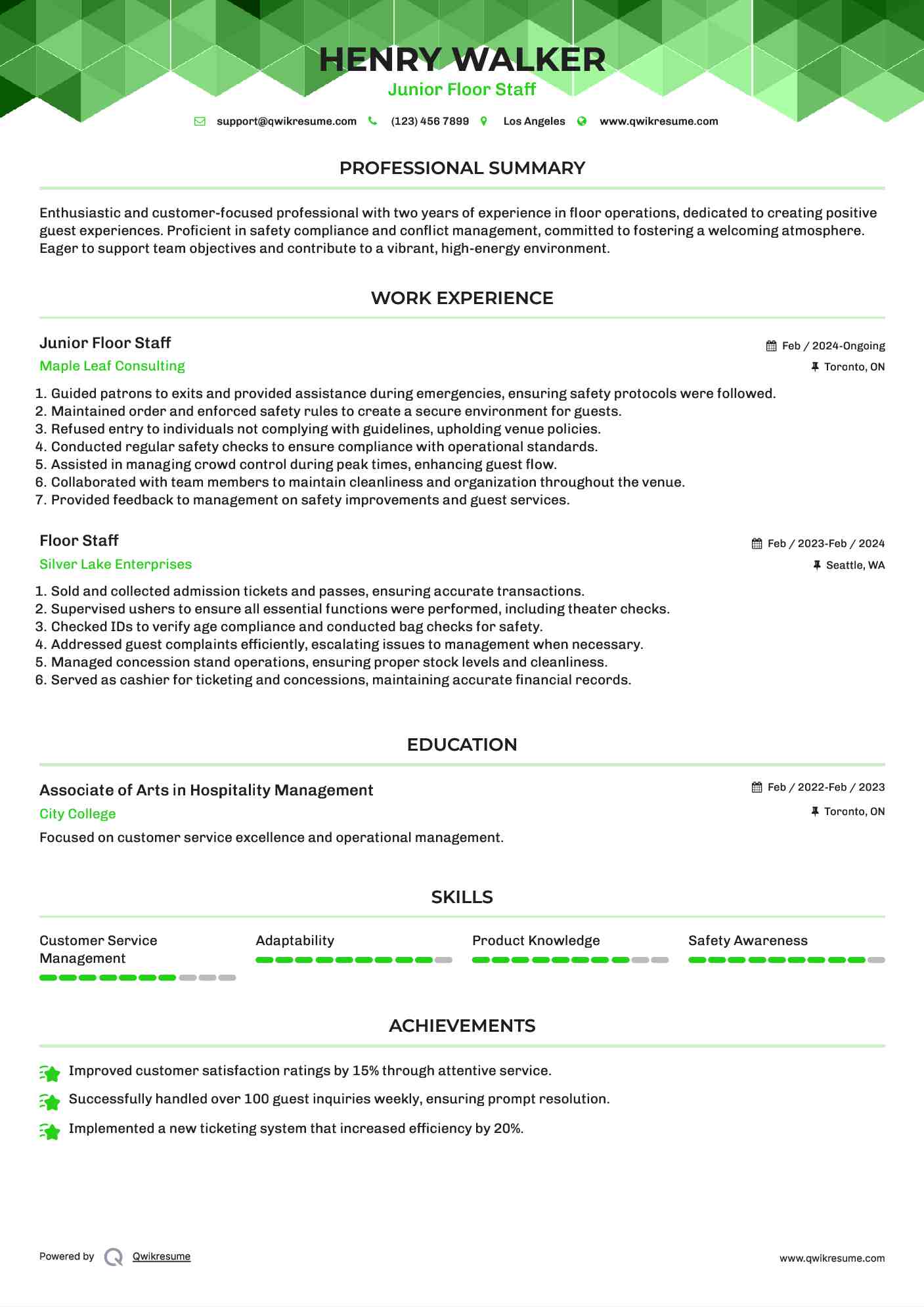 Junior Floor Staff Resume Template