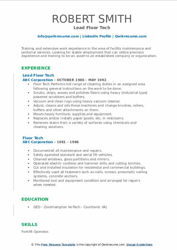 Floor Tech Resume Samples QwikResume