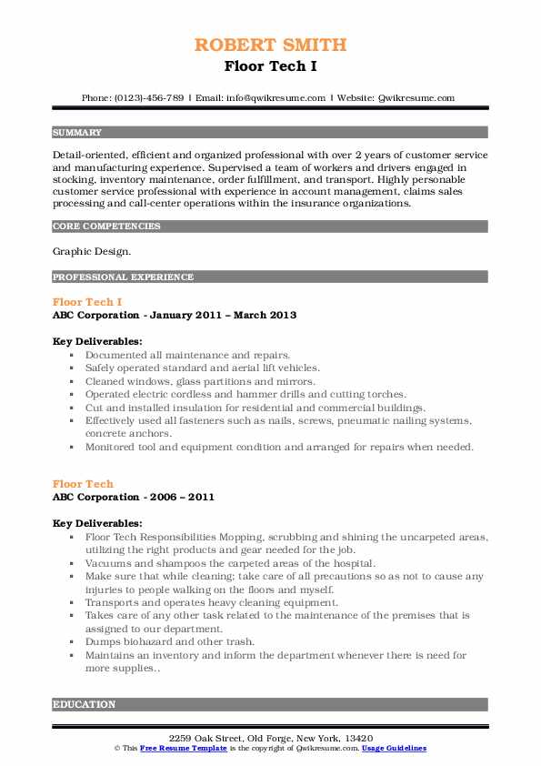 Floor Tech Resume Samples QwikResume