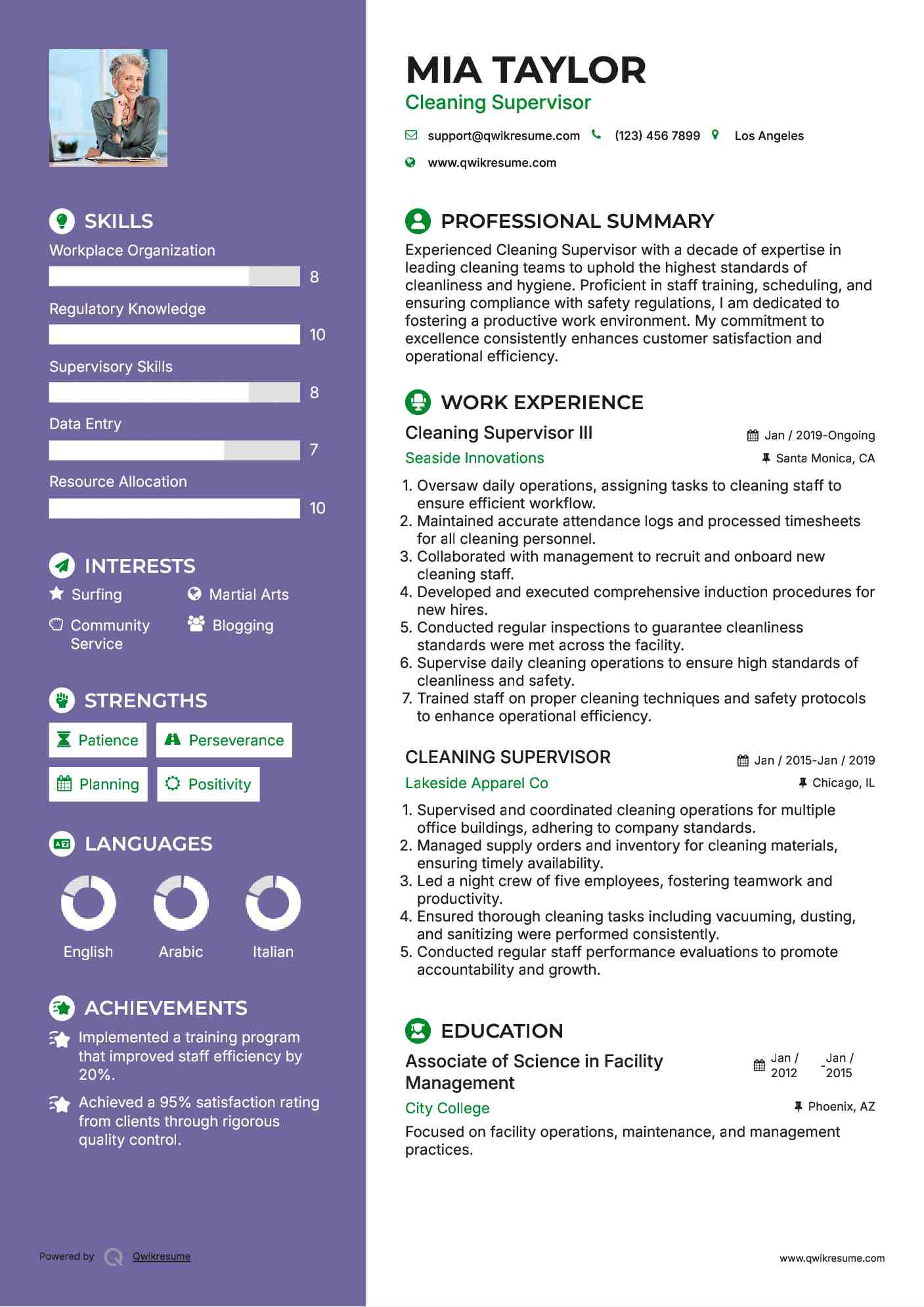 Cleaning Supervisor III Resume Example