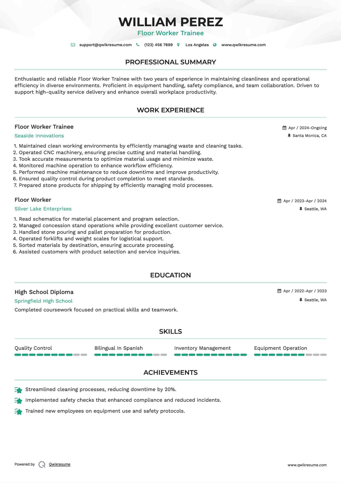 Floor Worker Trainee Resume Example