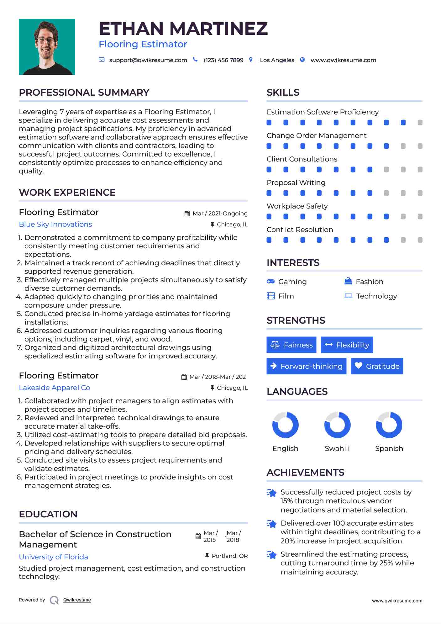 Flooring Estimator Resume Model