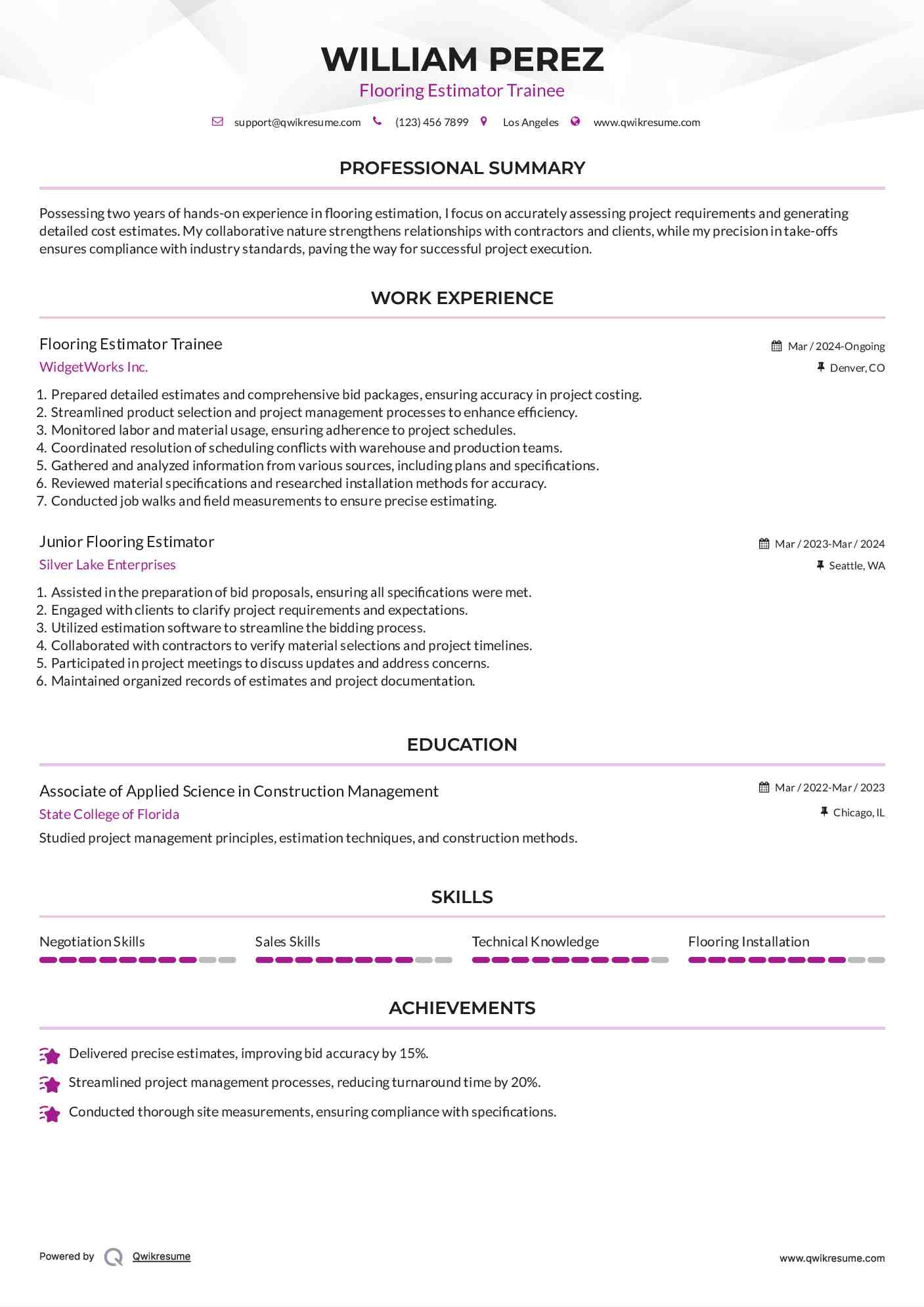 Flooring Estimator Trainee Resume Model