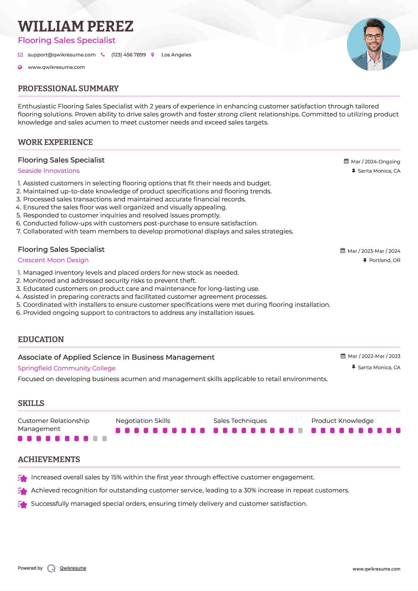 Flooring Sales Specialist Resume Example