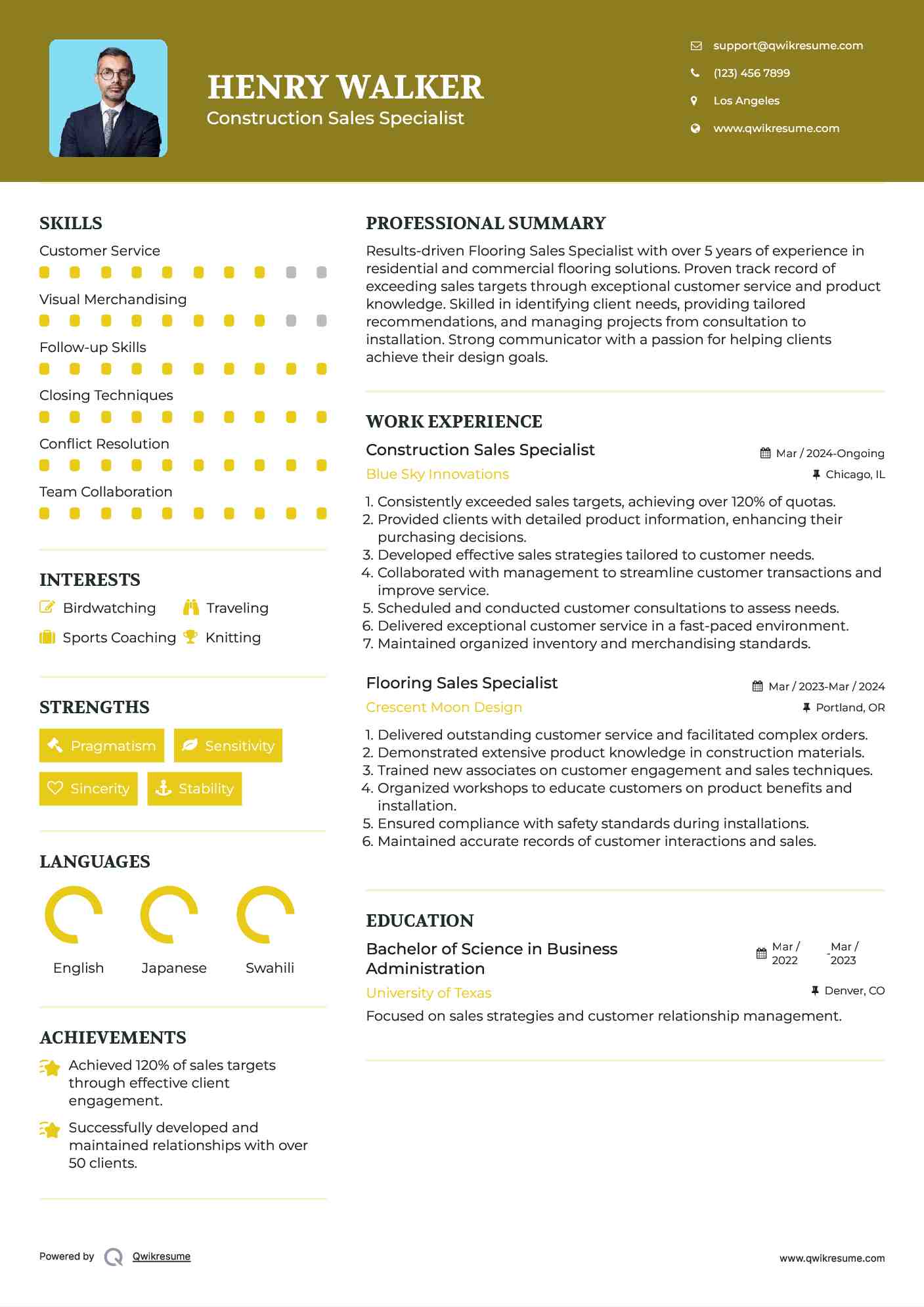 Construction Sales Specialist Resume Sample