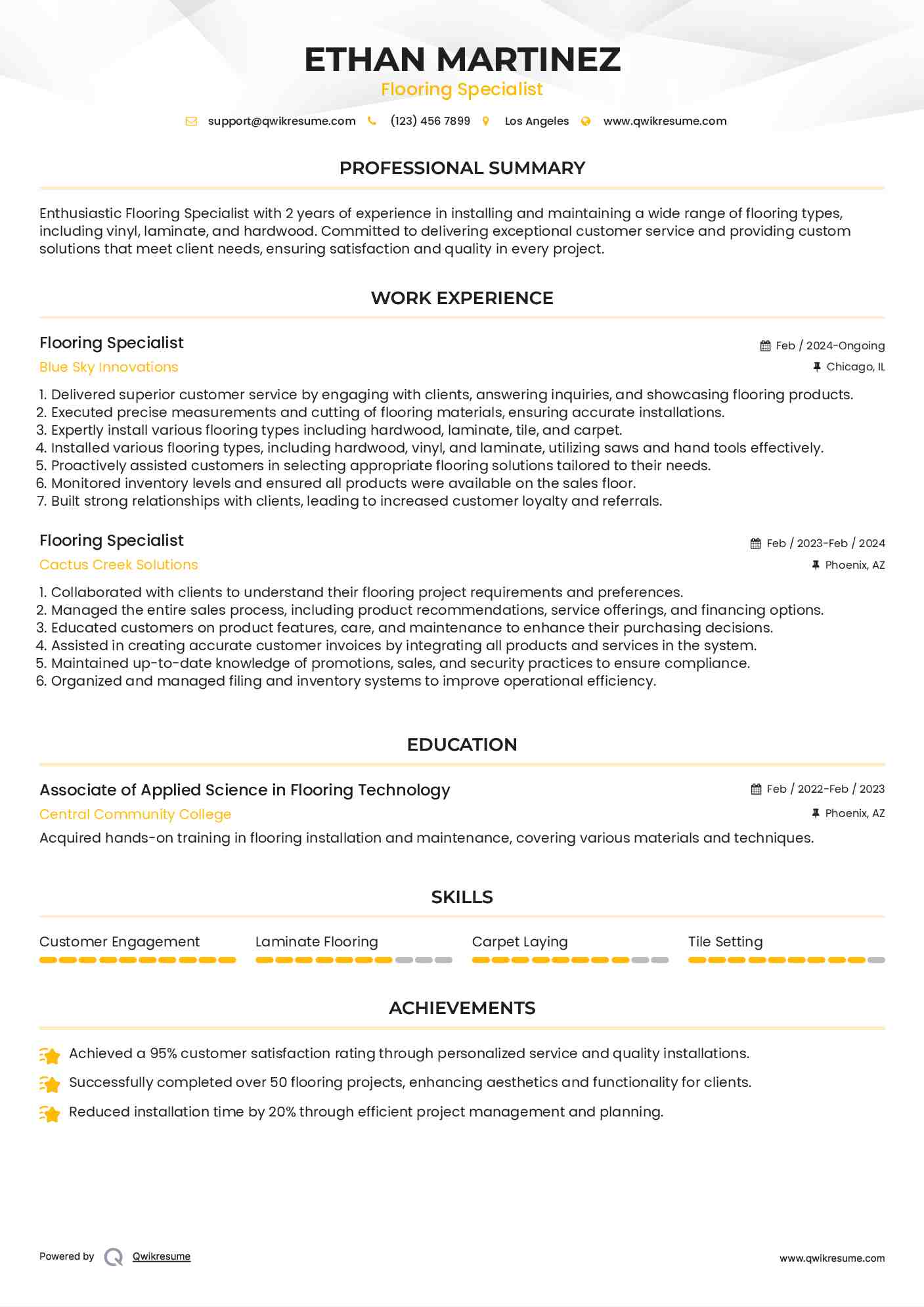 Flooring Specialist Resume Format