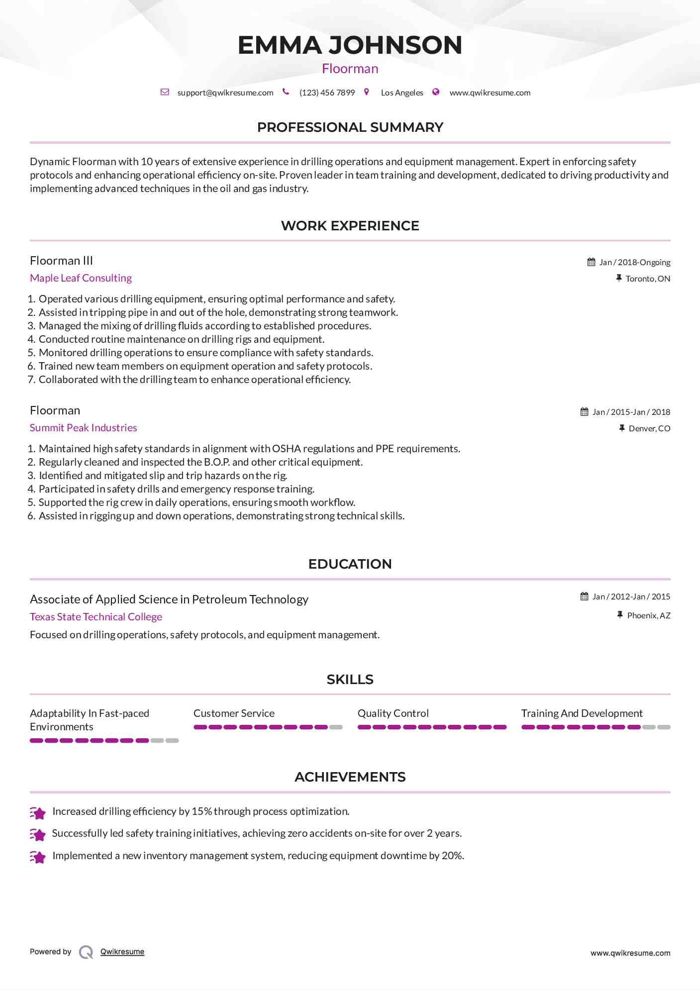 Floorman III Resume Sample