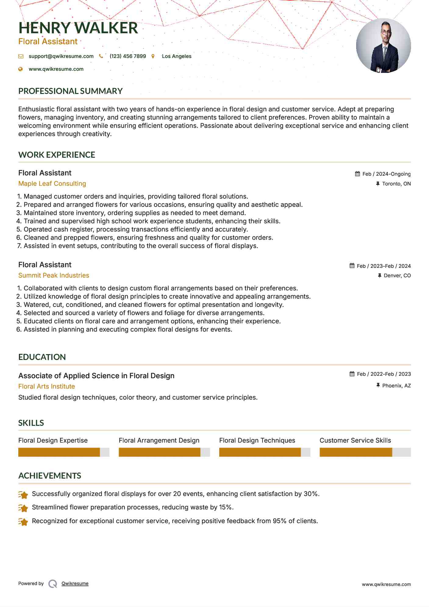 Floral Assistant Resume Example