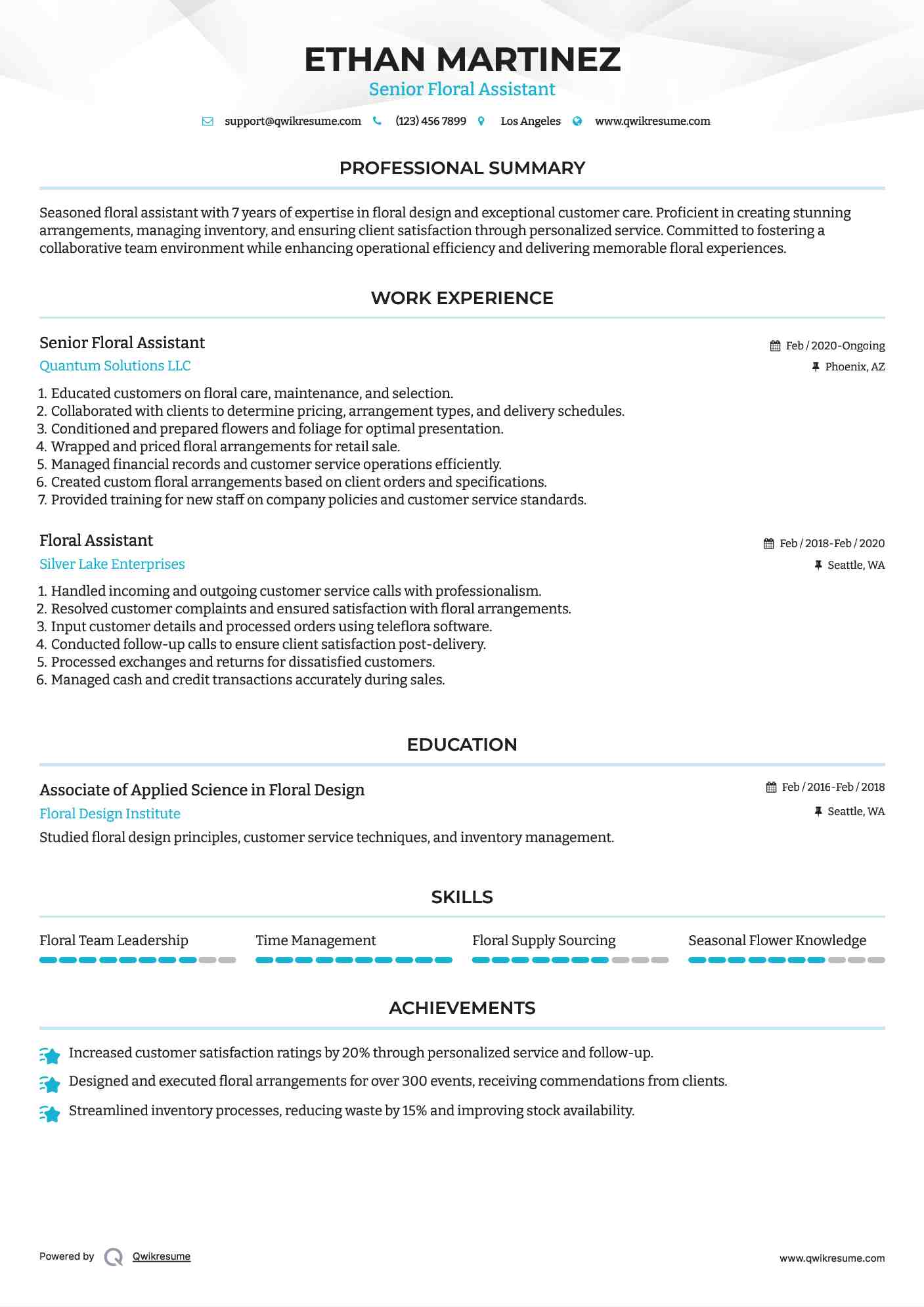 Senior Floral Assistant Resume Template