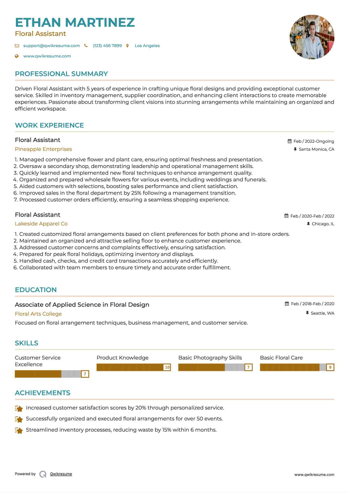 Floral Assistant Resume Template