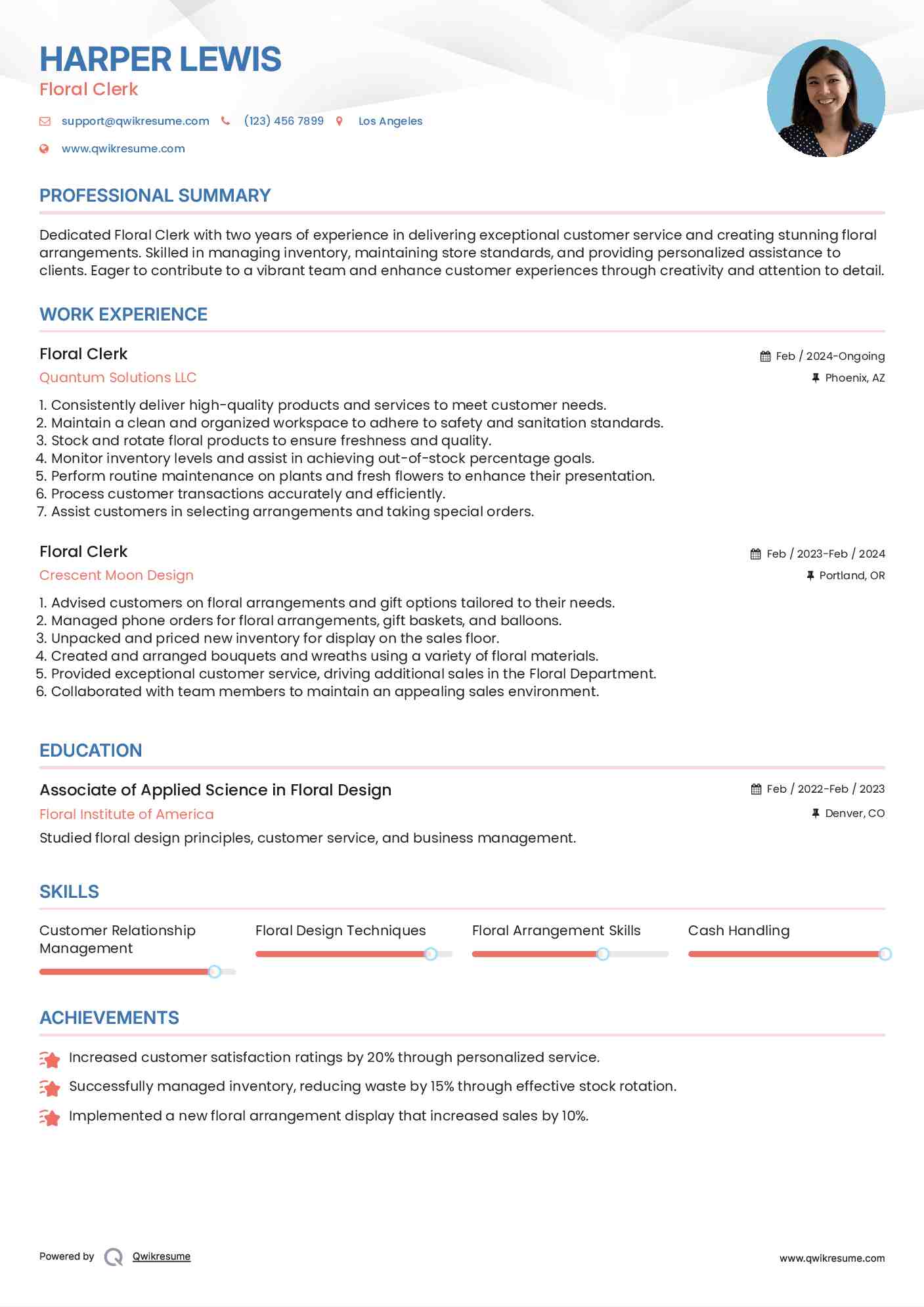 Floral Clerk Resume Format