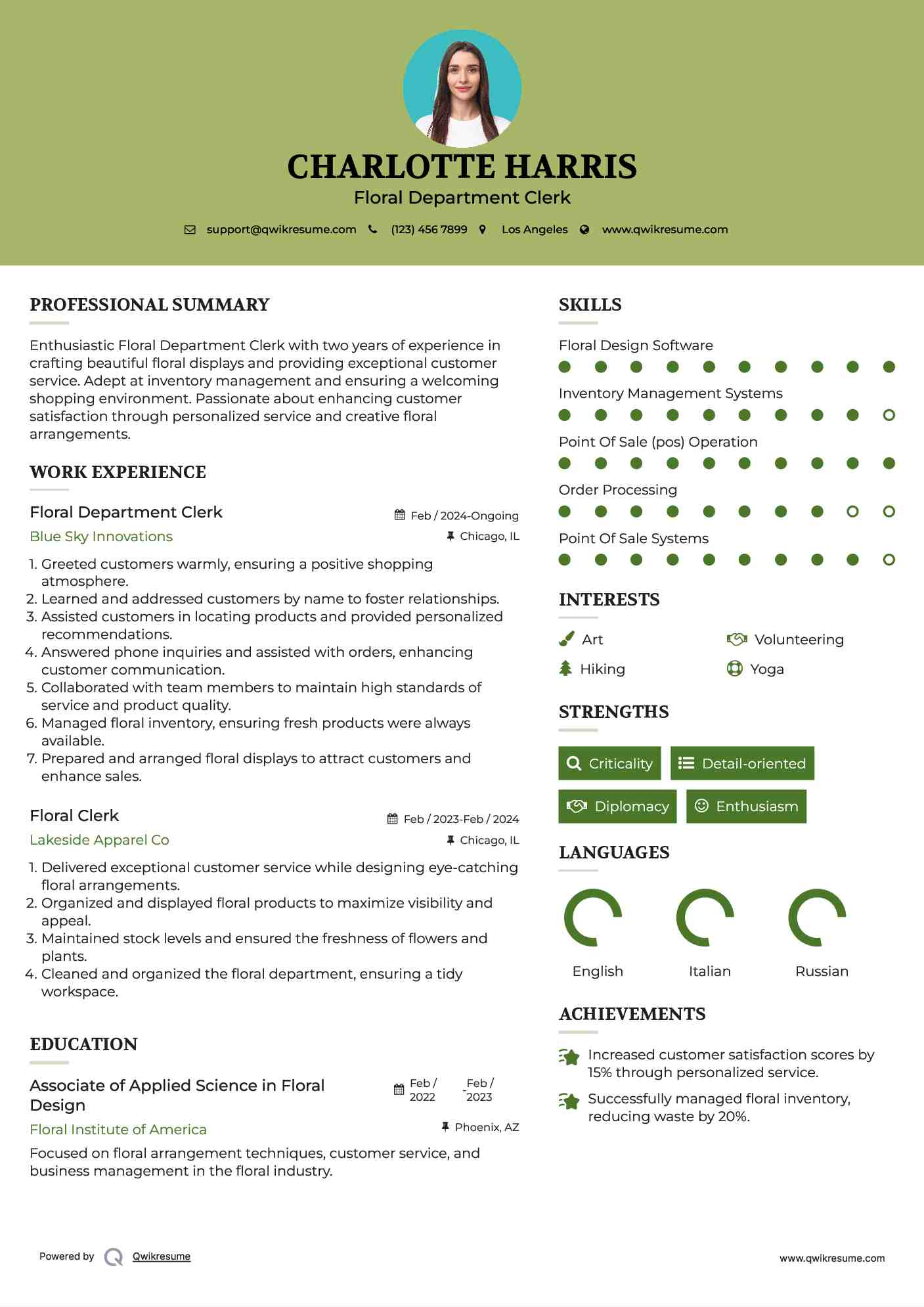 Floral Department Clerk
 Resume Example