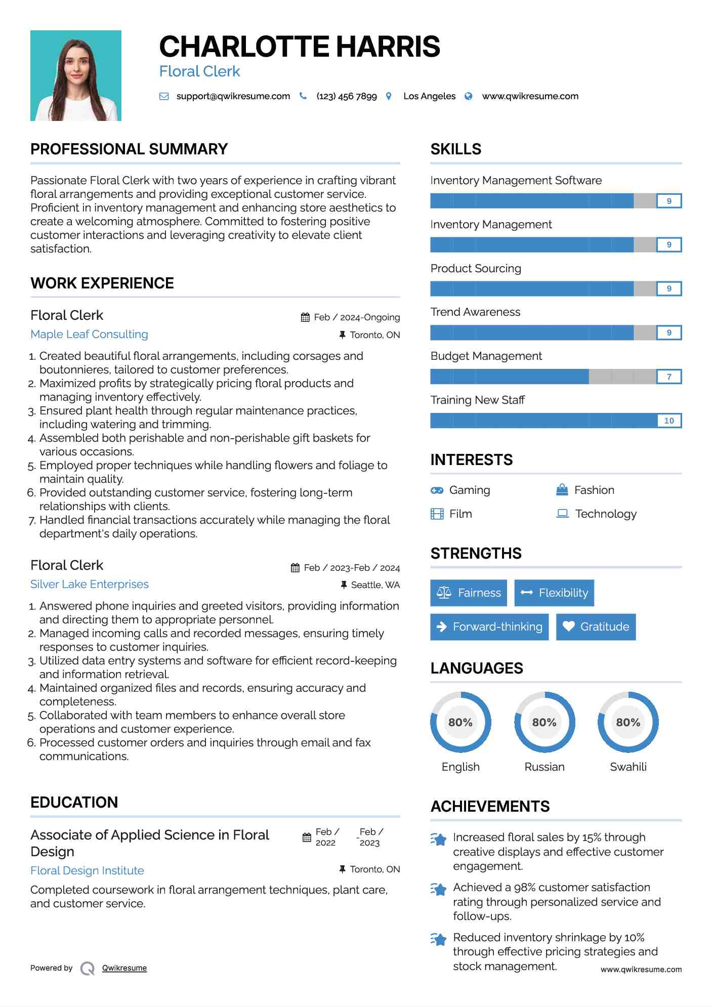 Floral Clerk Resume Sample