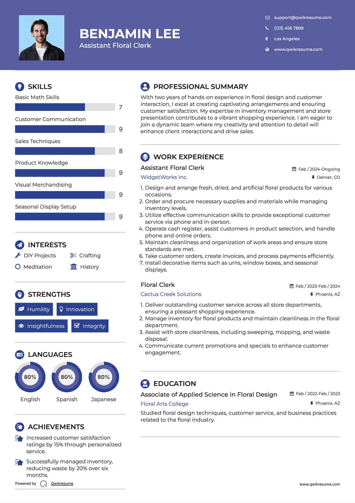 Assistant Floral Clerk  Resume Sample