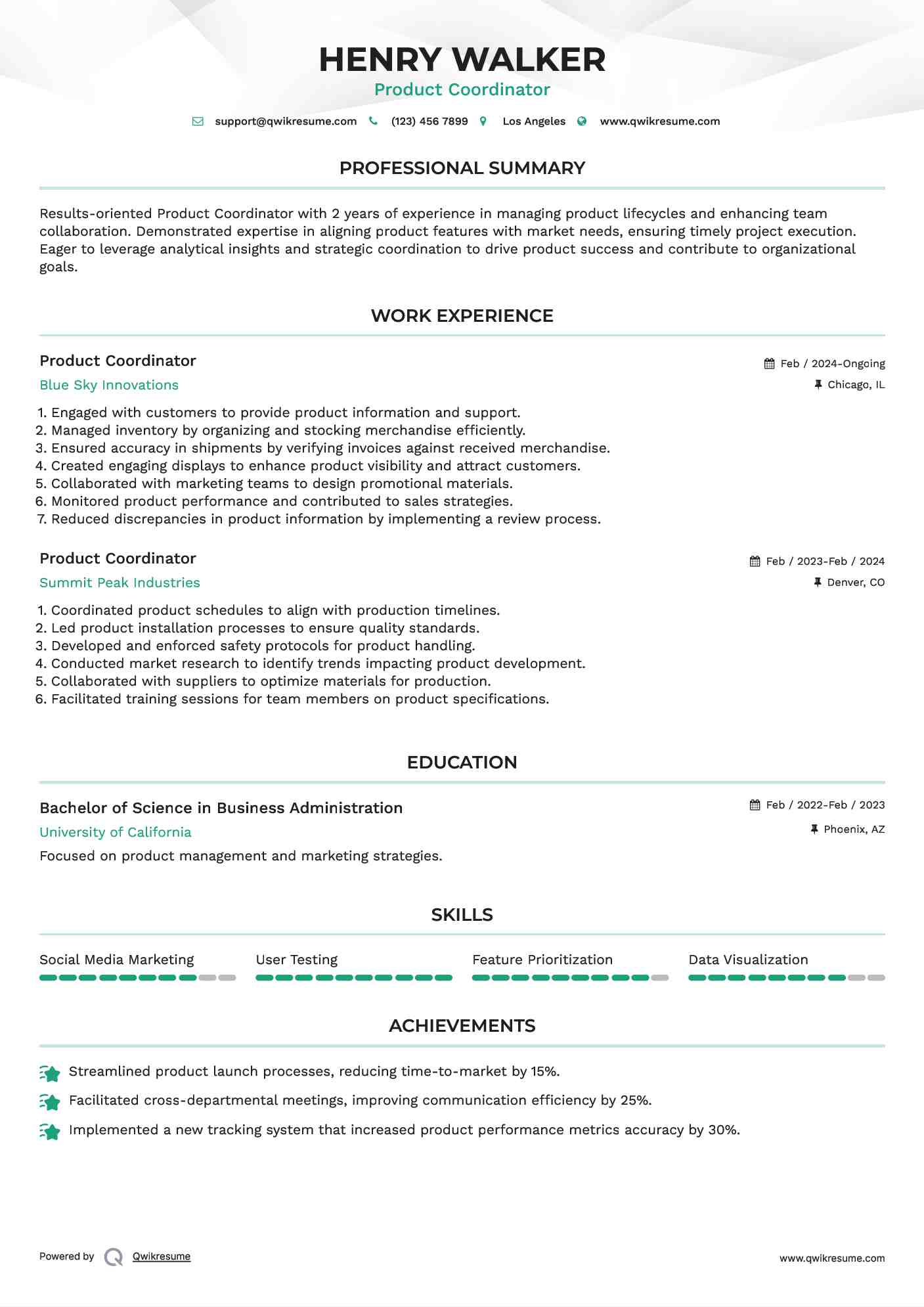 Product Coordinator Resume Format