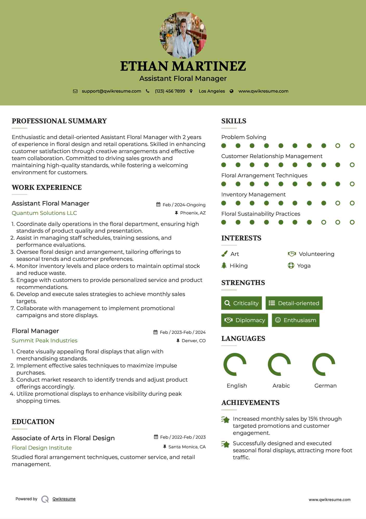 Assistant Floral Manager Resume Example
