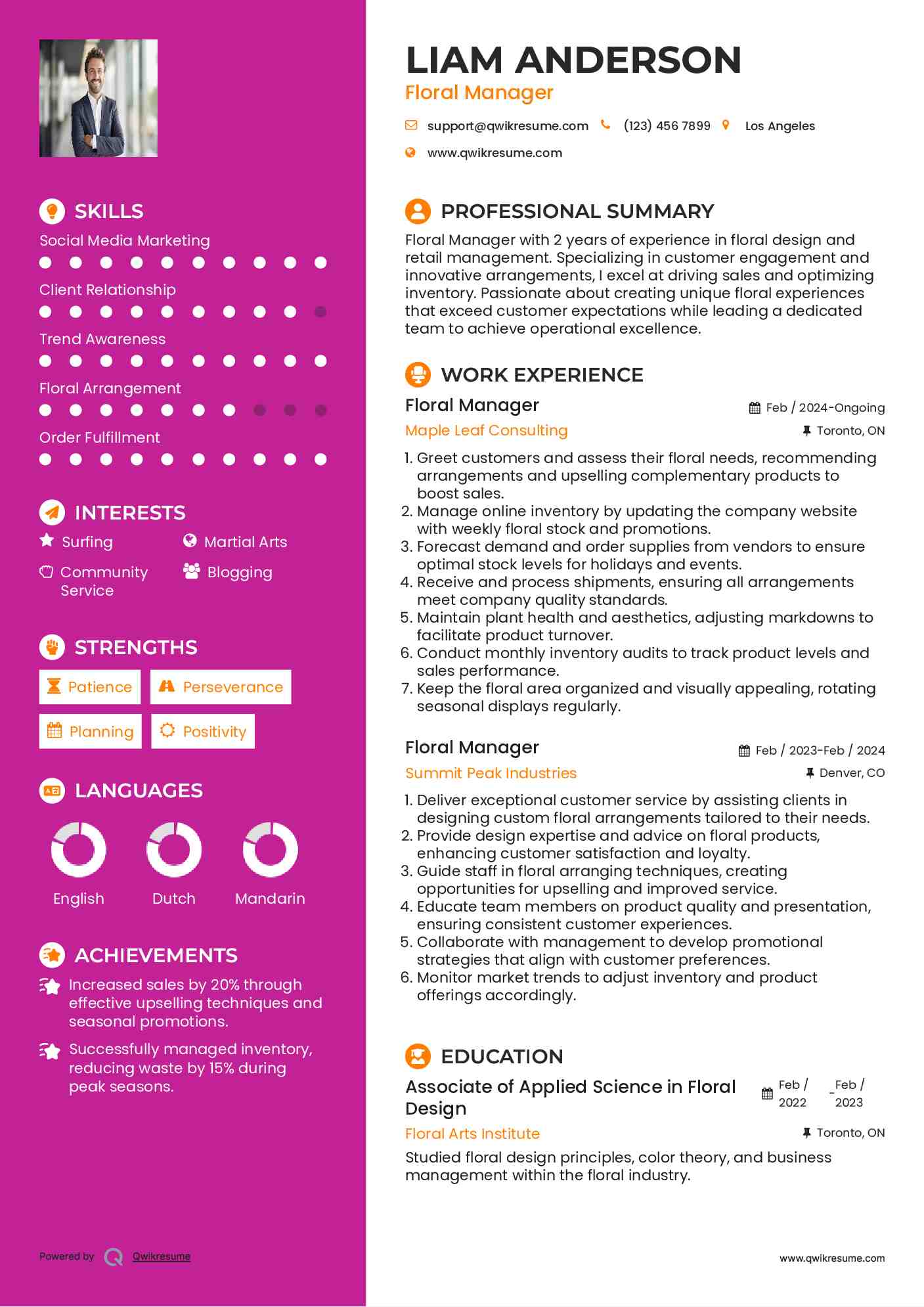 Floral Manager Resume Samples QwikResume