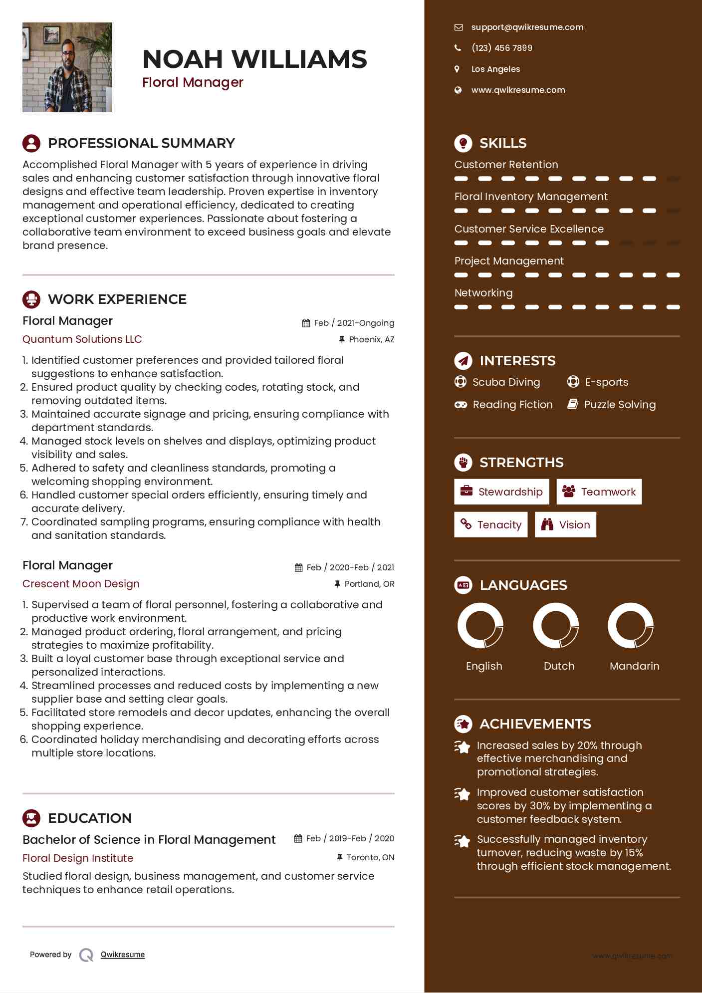 Floral Manager Resume Model