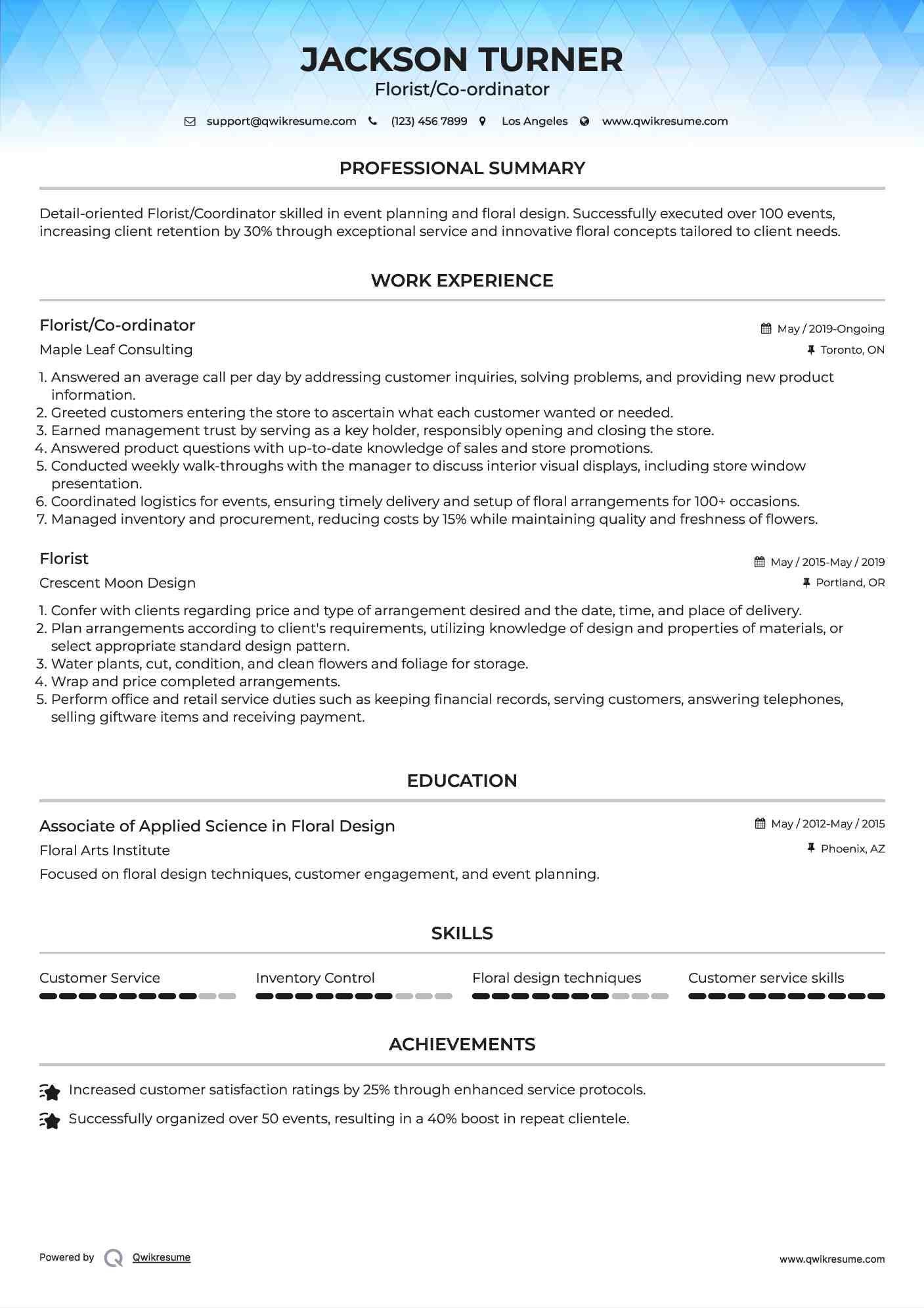 Florist/Co-ordinator Resume Format