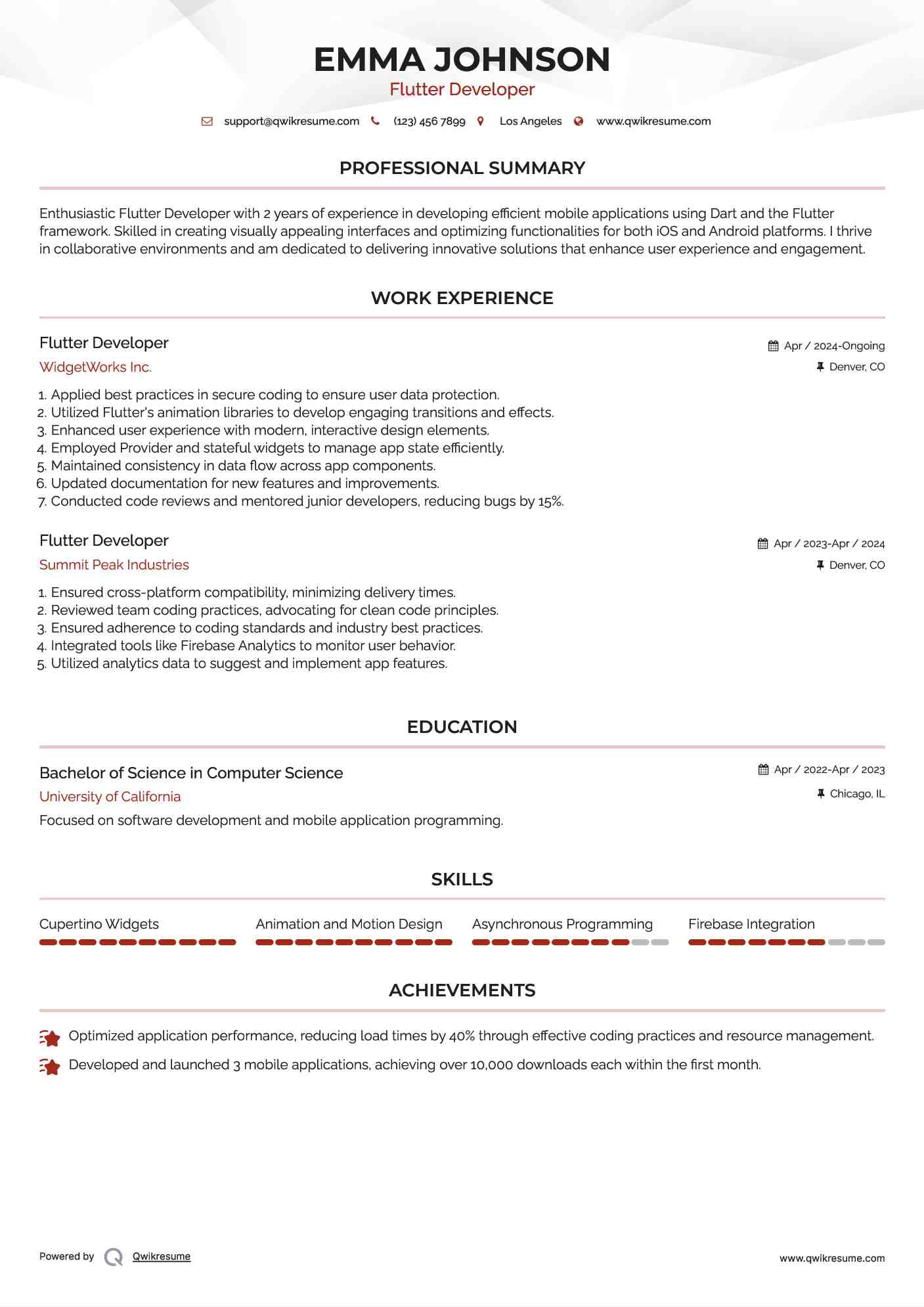 10+ Flutter Developer Resume Samples & Templates for 2025