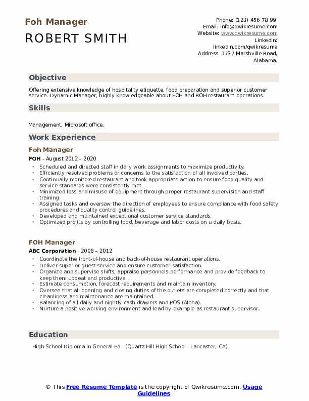 FOH Manager Resume Samples QwikResume