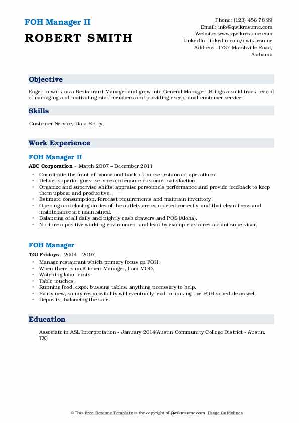 FOH Manager Resume Samples QwikResume