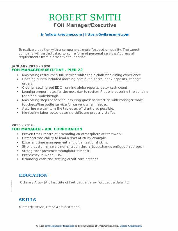 FOH Manager Resume Samples QwikResume