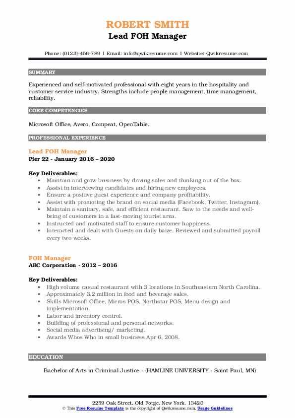 FOH Manager Resume Samples QwikResume
