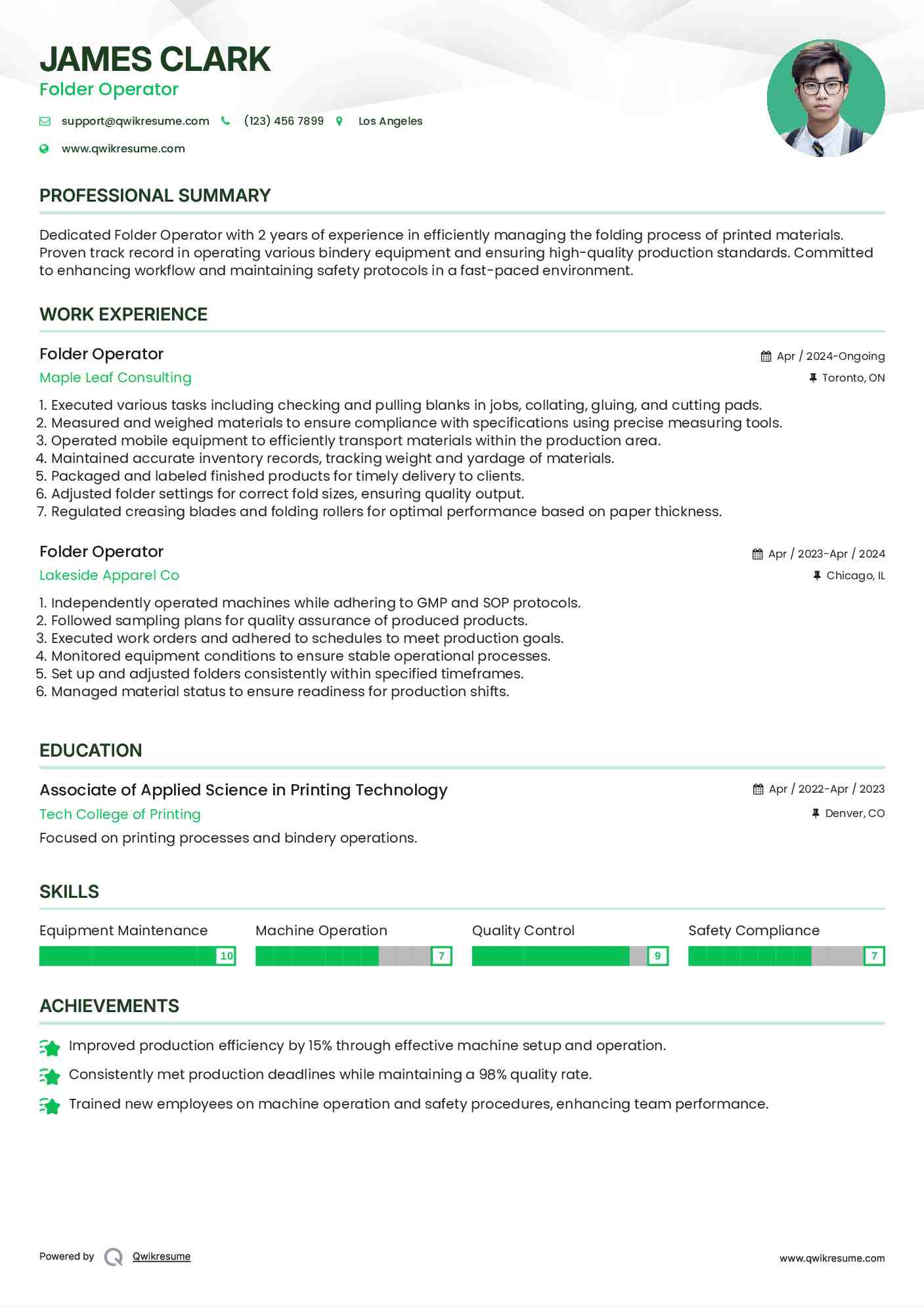 Folder Operator Resume Template