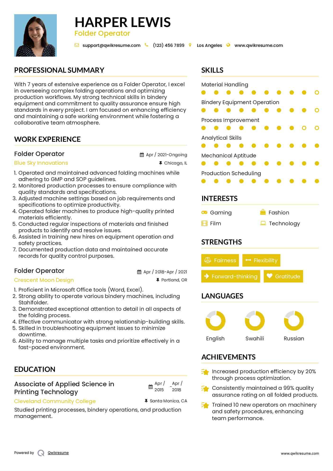 Folder Operator Resume Model