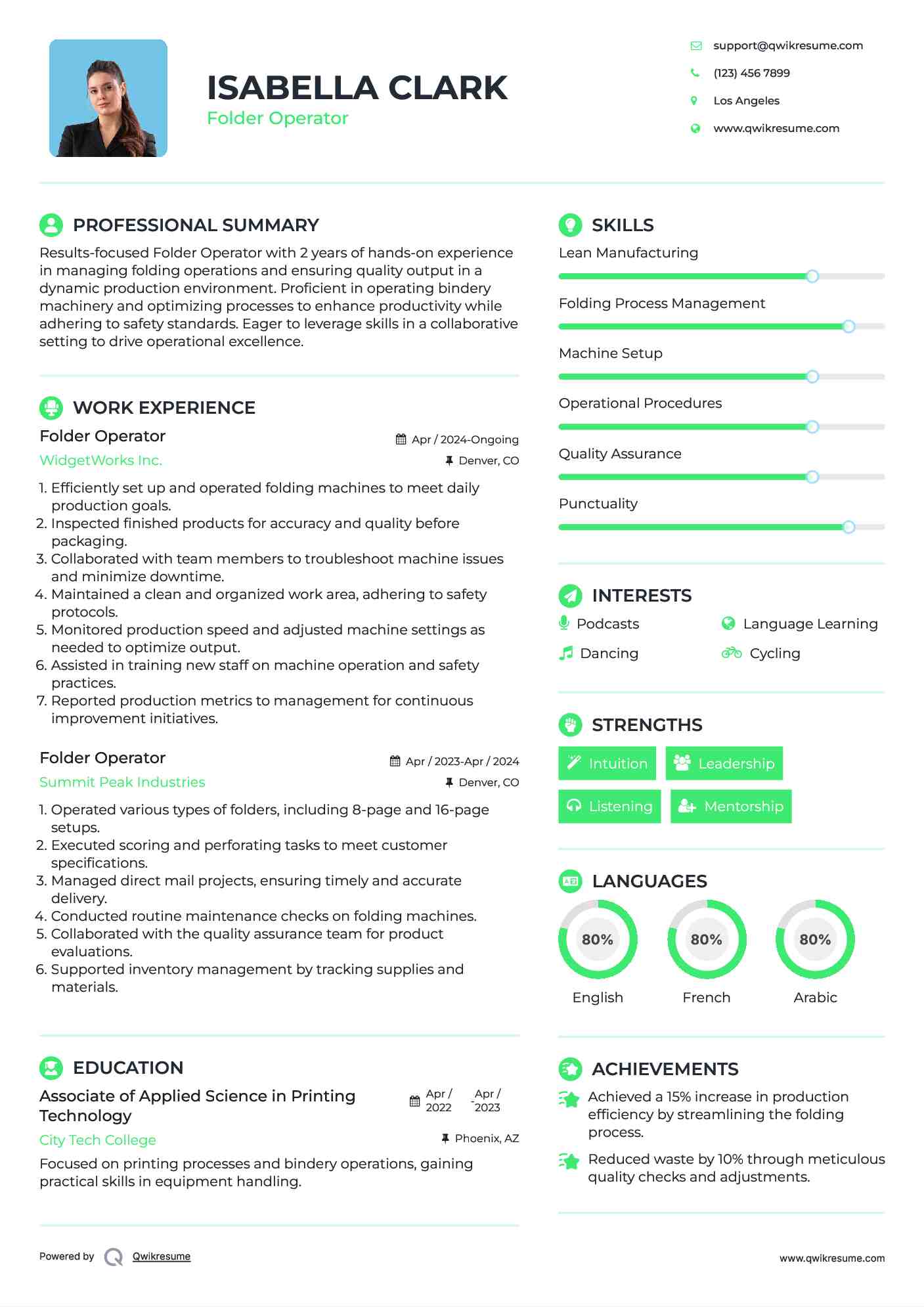 Folder Operator Resume Template