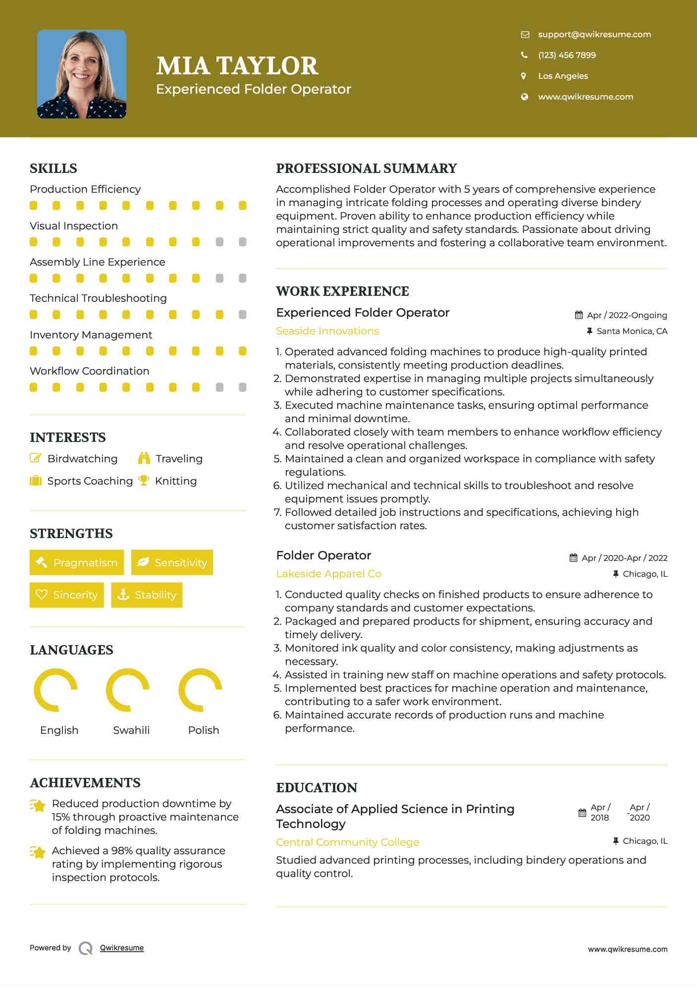 Experienced Folder Operator Resume Model