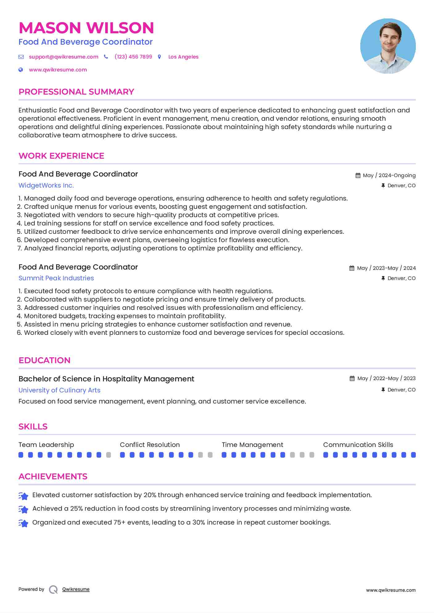 Food And Beverage Coordinator Resume Model