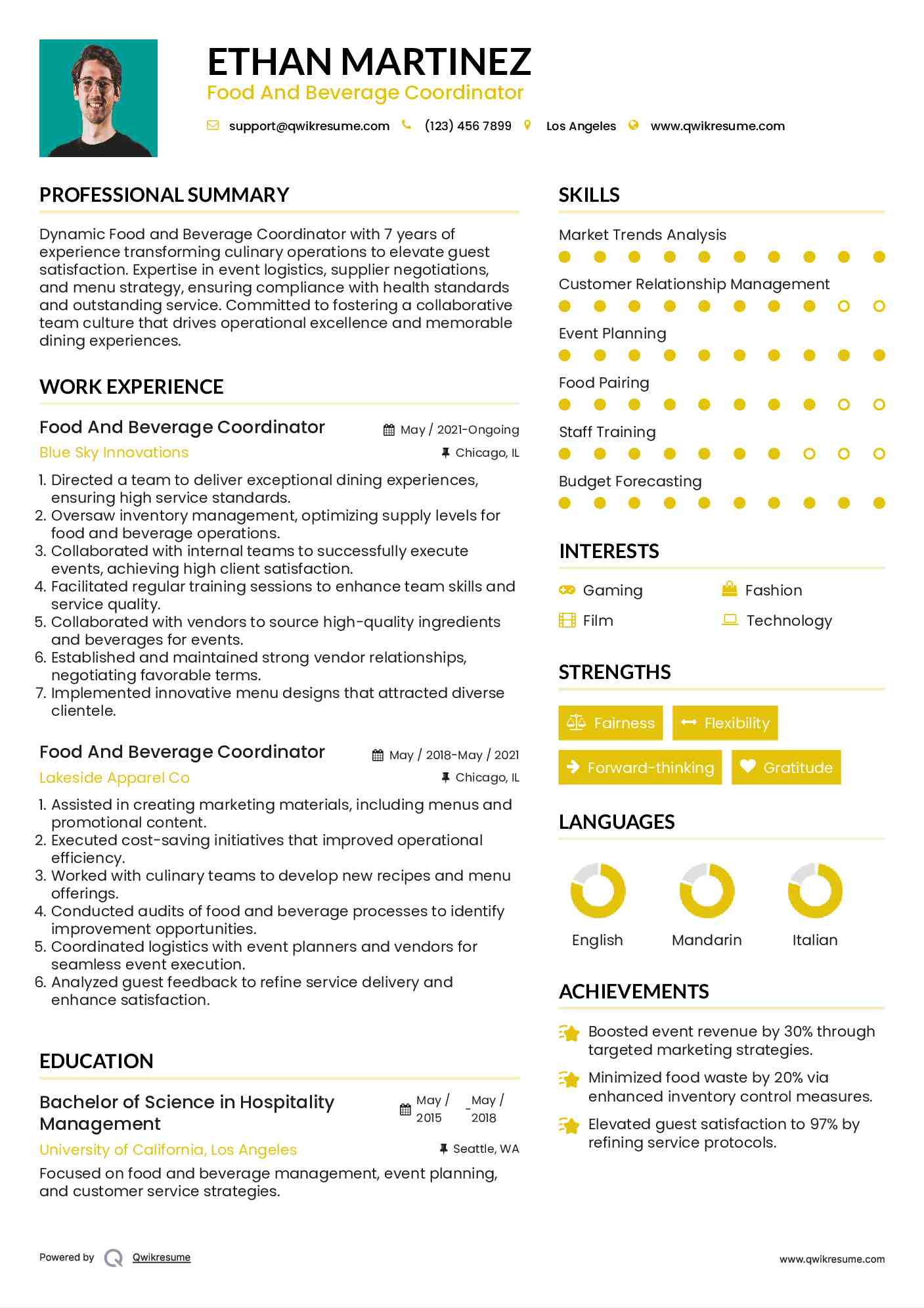 Food And Beverage Coordinator Resume Model