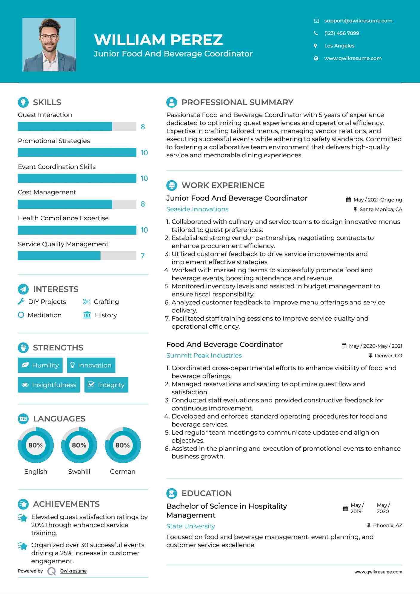 Junior Food And Beverage Coordinator Resume Example