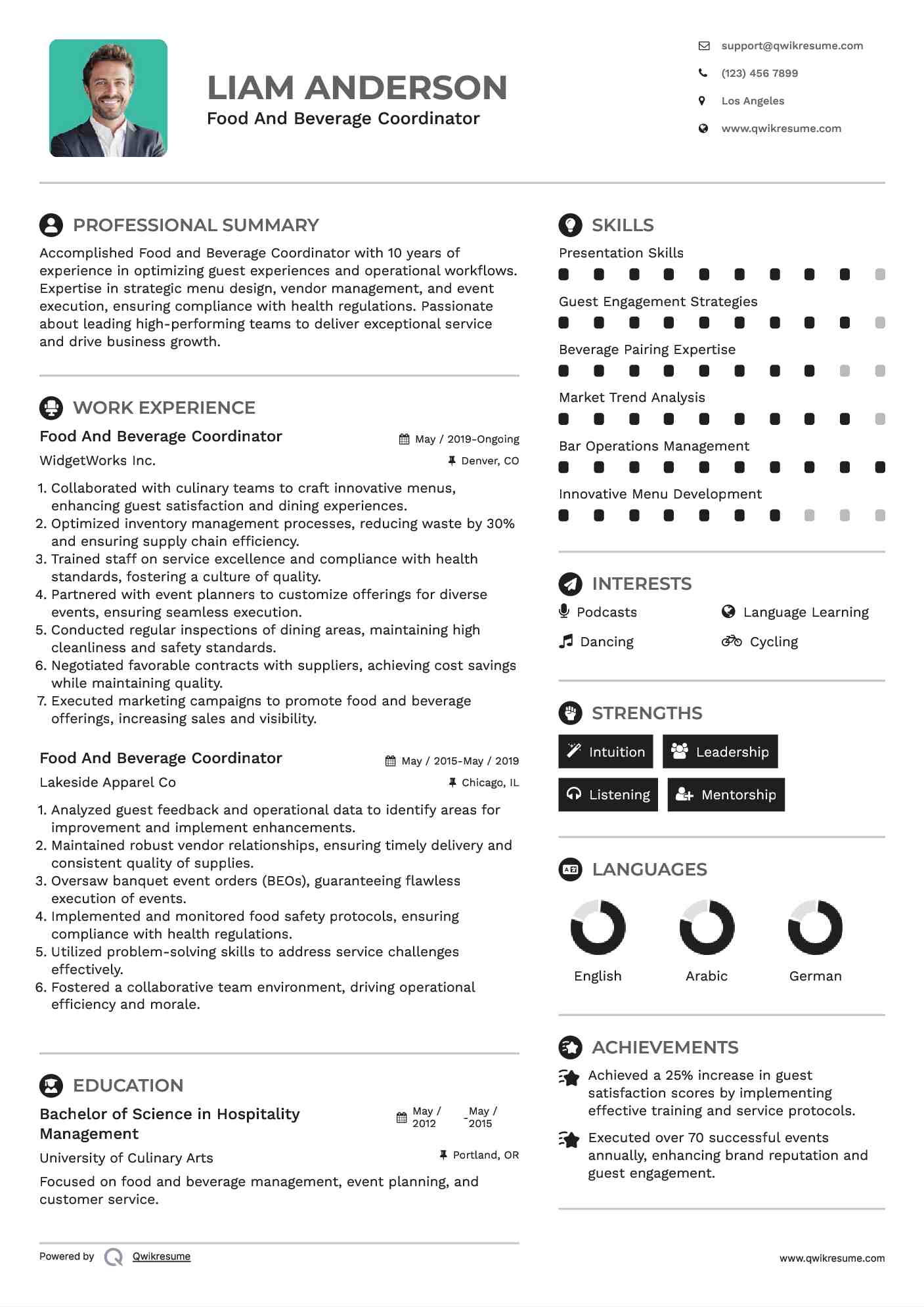 Food And Beverage Coordinator Resume Model