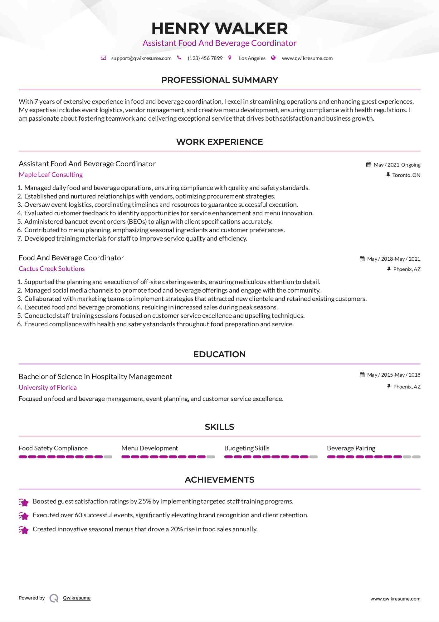 Assistant Food And Beverage Coordinator Resume Example