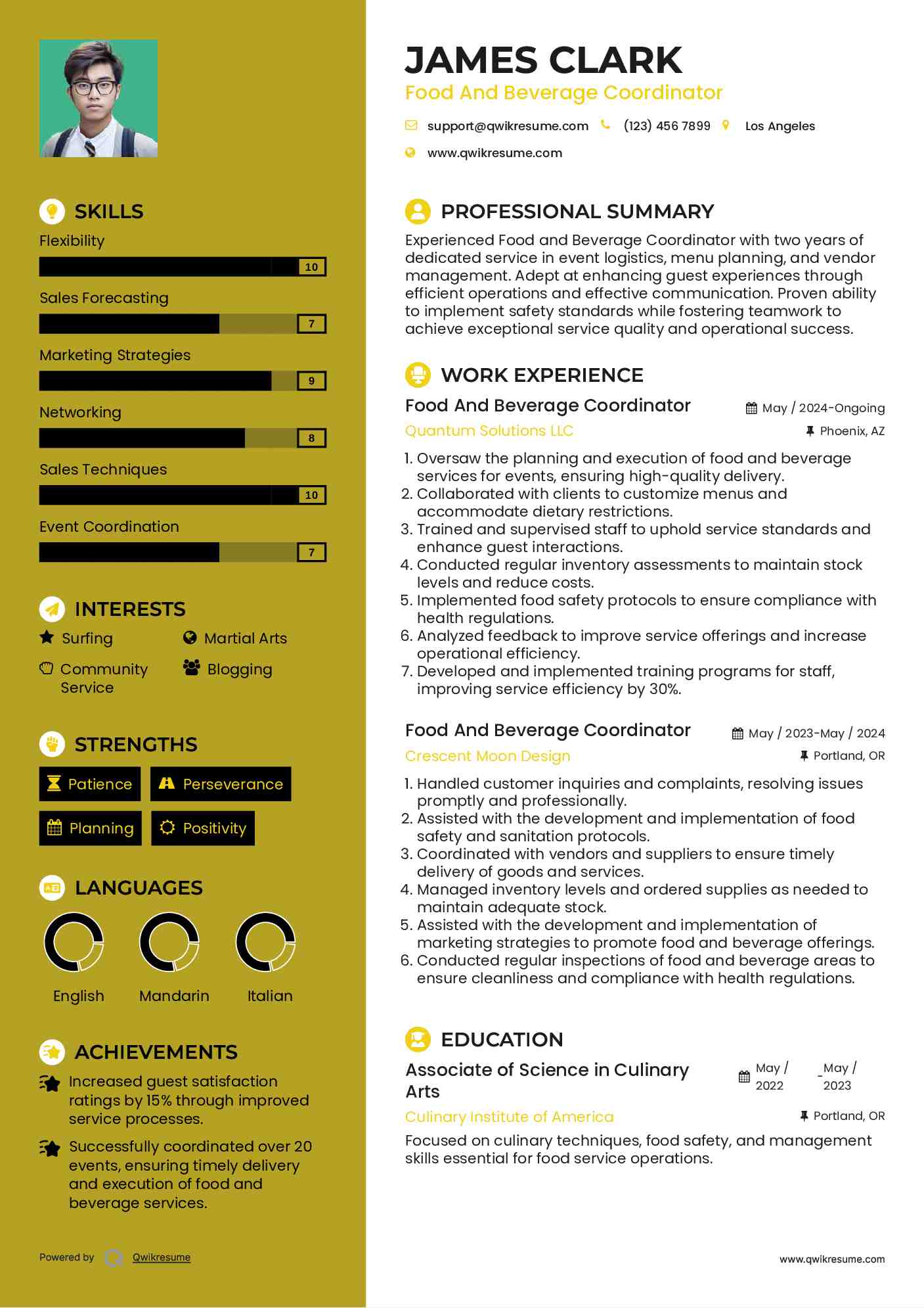 Food And Beverage Coordinator Resume Sample