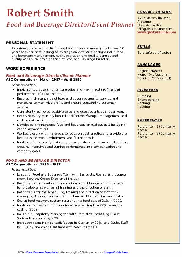 Food And Beverage Director Resume - Food And Beverage Director 1566303313 Pdf