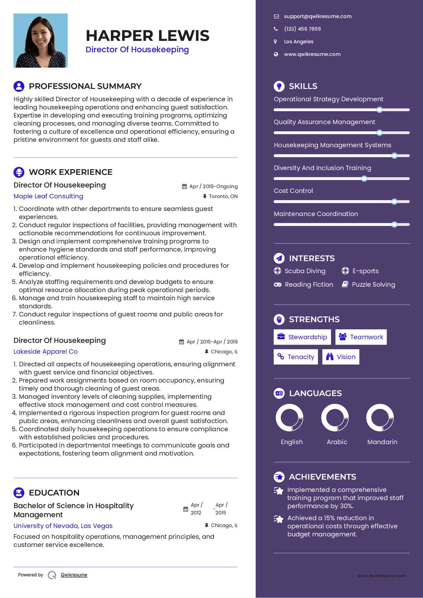 Director Of Housekeeping Resume Samples QwikResume