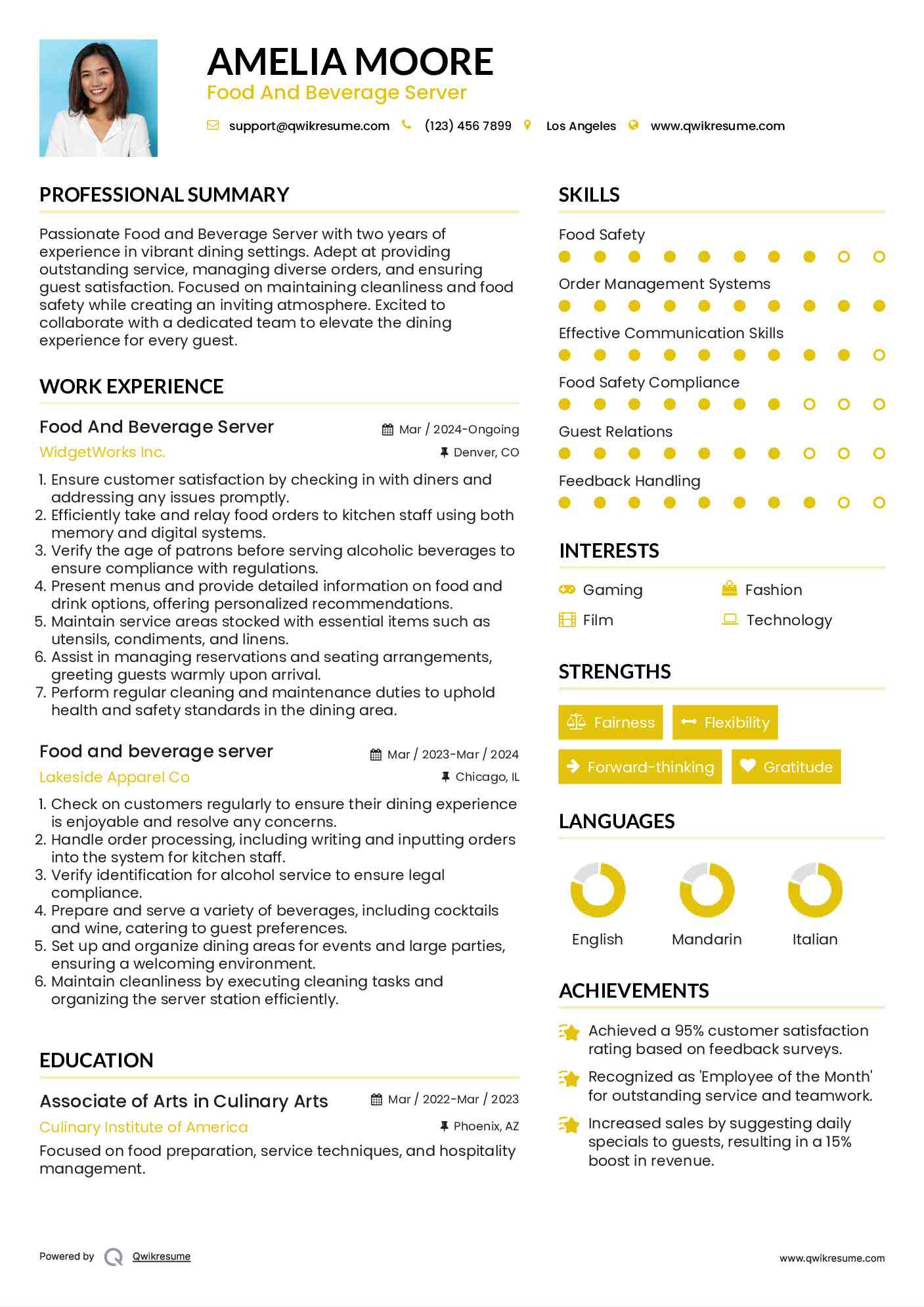 Food And Beverage Server Resume Template