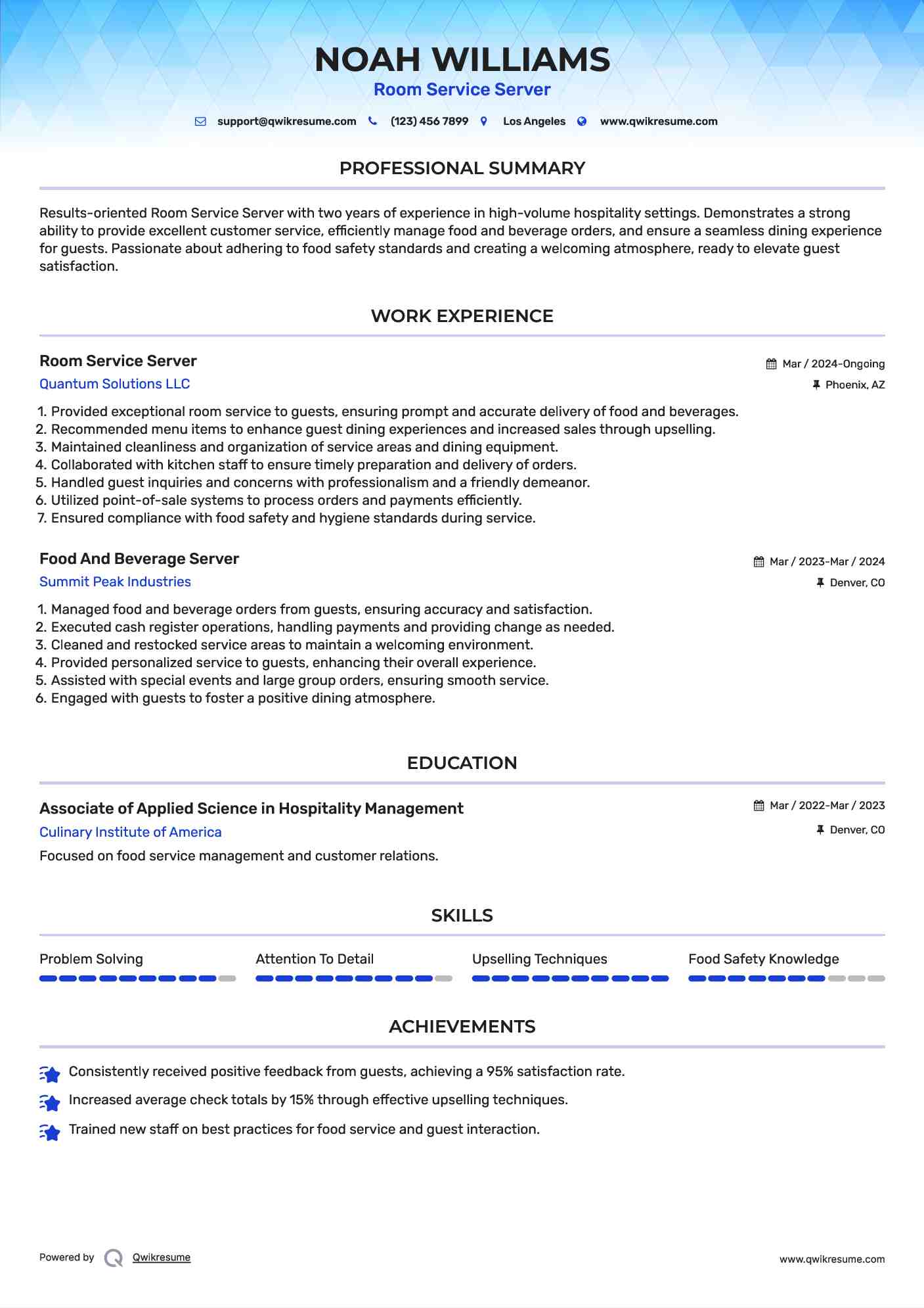 Room Service Server Resume Example