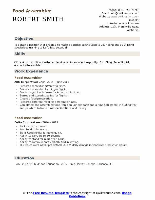 Food Assembler Resume Samples QwikResume