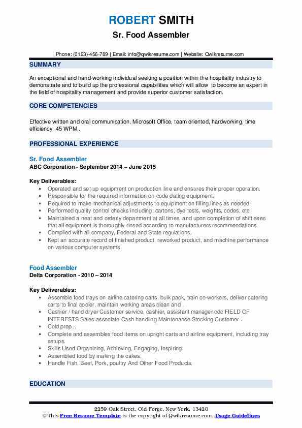Food Assembler Resume Samples QwikResume