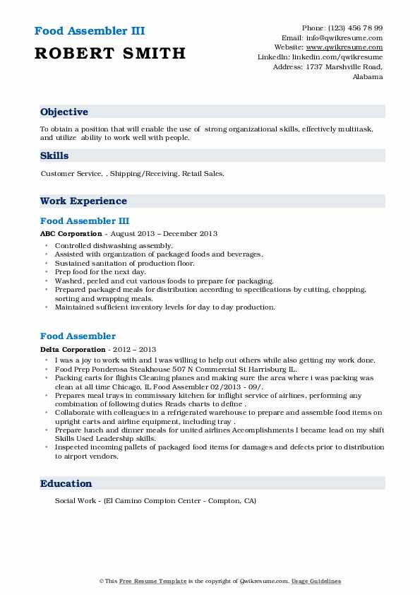 Food Assembler Resume Samples QwikResume